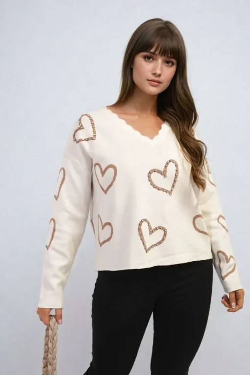 Beige Laura V-neck Embellished Hearts Long Sleeve Knitted Jumper<IKRUSH Hot