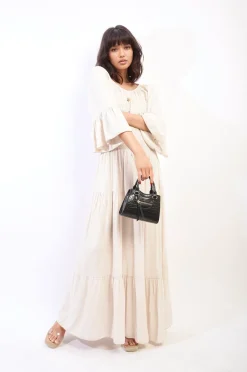 Beige Leah Ruffle Hem Sleeve Shirred Waist Tiered Maxi Dress<IKRUSH Fashion