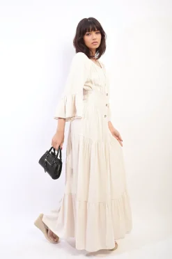Beige Leah Ruffle Hem Sleeve Shirred Waist Tiered Maxi Dress<IKRUSH Fashion
