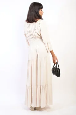 Beige Leah Ruffle Hem Sleeve Shirred Waist Tiered Maxi Dress<IKRUSH Fashion