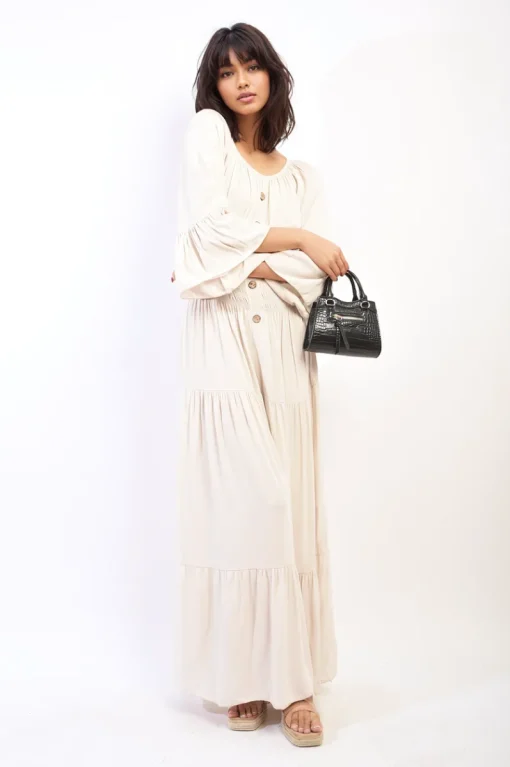 Beige Leah Ruffle Hem Sleeve Shirred Waist Tiered Maxi Dress<IKRUSH Fashion