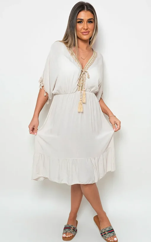 Beige Maja V-Neck Short Sleeve Midi Dress with Tassel Detail<IKRUSH Clearance
