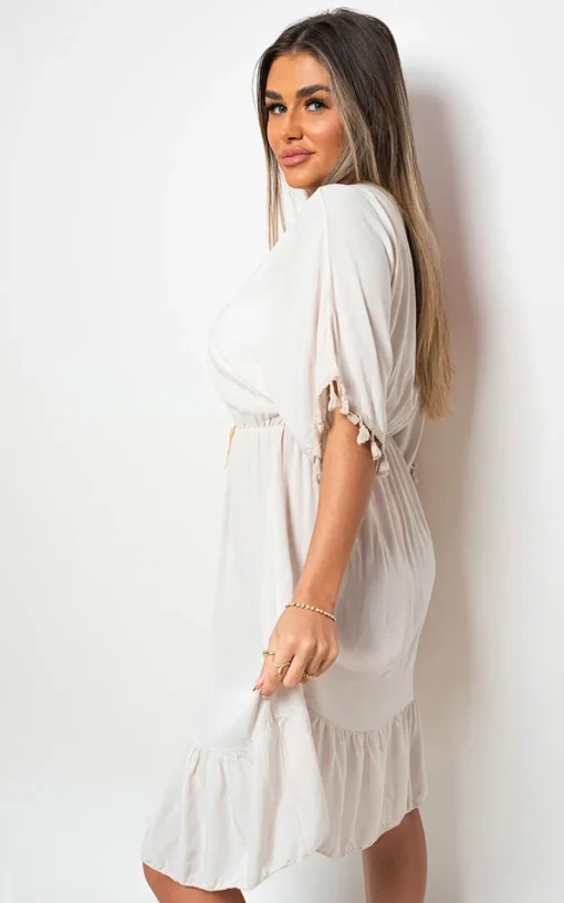 Beige Maja V-Neck Short Sleeve Midi Dress with Tassel Detail<IKRUSH Clearance