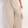 Beige Marina Drawstring Shiny Waist Wide Leg Trouser<IKRUSH New