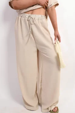 Beige Marina Drawstring Shiny Waist Wide Leg Trouser<IKRUSH New