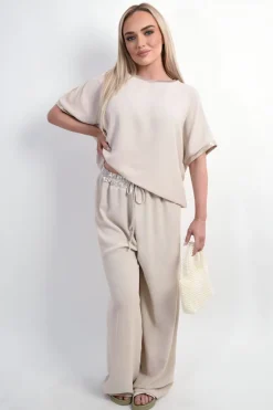 Beige Marina Drawstring Shiny Waist Wide Leg Trouser<IKRUSH New