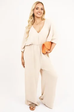 Beige Maysa Wide Leg V Neck Jumpsuit with Back Tie Detail<IKRUSH Hot