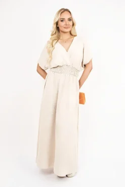 Beige Meissa V Neck Short Sleeve Maxi Dress with Shirred Waist<IKRUSH Online