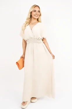 Beige Meissa V Neck Short Sleeve Maxi Dress with Shirred Waist<IKRUSH Online