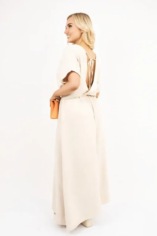 Beige Meissa V Neck Short Sleeve Maxi Dress with Shirred Waist<IKRUSH Online