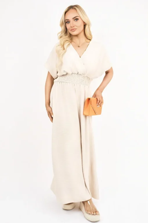 Beige Meissa V Neck Short Sleeve Maxi Dress with Shirred Waist<IKRUSH Online