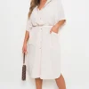 Beige Nancy Button Down Collared Midi Dress with Two Front Pockets<IKRUSH Online