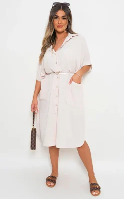 Beige Nancy Button Down Collared Midi Dress with Two Front Pockets<IKRUSH Online