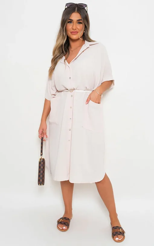 Beige Nancy Button Down Collared Midi Dress with Two Front Pockets<IKRUSH Online