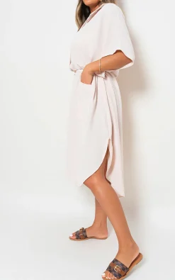 Beige Nancy Button Down Collared Midi Dress with Two Front Pockets<IKRUSH Online