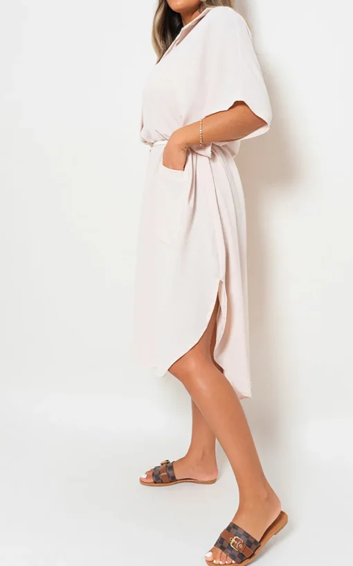 Beige Nancy Button Down Collared Midi Dress with Two Front Pockets<IKRUSH Online