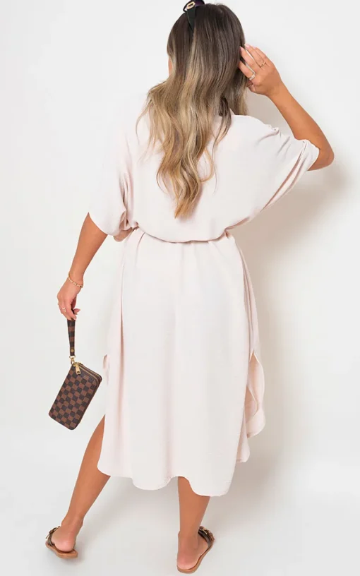Beige Nancy Button Down Collared Midi Dress with Two Front Pockets<IKRUSH Online