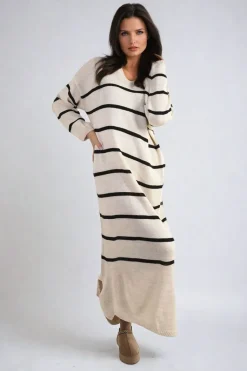 Beige Priscilla Long Sleeve Striped Knitted Dress<IKRUSH Discount