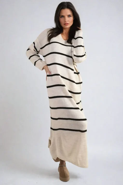 Beige Priscilla Long Sleeve Striped Knitted Dress<IKRUSH Discount