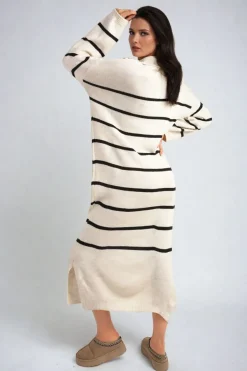Beige Priscilla Long Sleeve Striped Knitted Dress<IKRUSH Discount