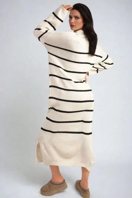 Beige Priscilla Long Sleeve Striped Knitted Dress<IKRUSH Discount