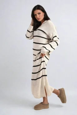 Beige Priscilla Long Sleeve Striped Knitted Dress<IKRUSH Discount