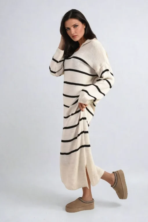 Beige Priscilla Long Sleeve Striped Knitted Dress<IKRUSH Discount