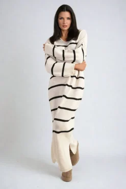 Beige Priscilla Long Sleeve Striped Knitted Dress<IKRUSH Discount