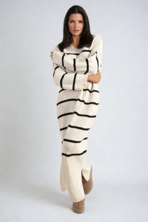 Beige Priscilla Long Sleeve Striped Knitted Dress<IKRUSH Discount