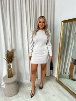Beige Rachel Puff Shoulder Knitted Jumper Dress<IKRUSH Sale