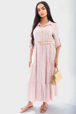 Beige Raya Belted Button Down Tiered Maxi Dress<IKRUSH Online