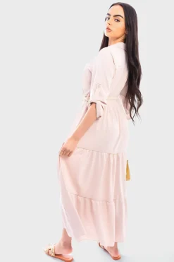 Beige Raya Belted Button Down Tiered Maxi Dress<IKRUSH Online