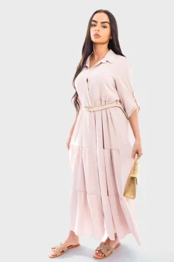 Beige Raya Belted Button Down Tiered Maxi Dress<IKRUSH Online