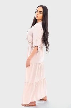 Beige Raya Belted Button Down Tiered Maxi Dress<IKRUSH Online