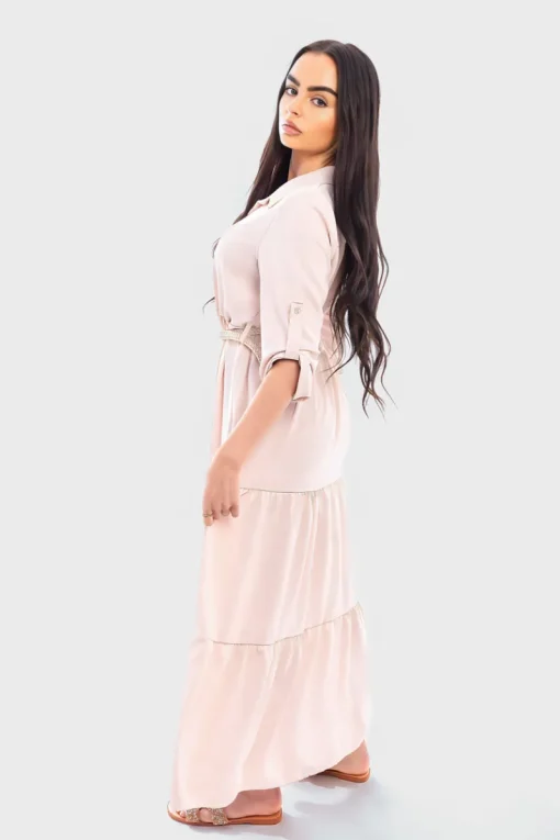 Beige Raya Belted Button Down Tiered Maxi Dress<IKRUSH Online