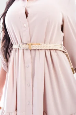 Beige Raya Belted Button Down Tiered Maxi Dress<IKRUSH Online