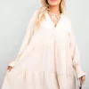 Beige Renata Long Sleeve Front Tie Tiered Mini Dress<IKRUSH Online