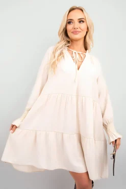 Beige Renata Long Sleeve Front Tie Tiered Mini Dress<IKRUSH Online
