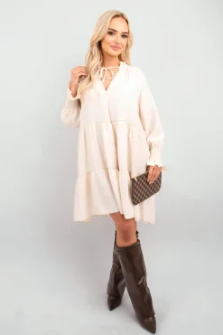 Beige Renata Long Sleeve Front Tie Tiered Mini Dress<IKRUSH Online