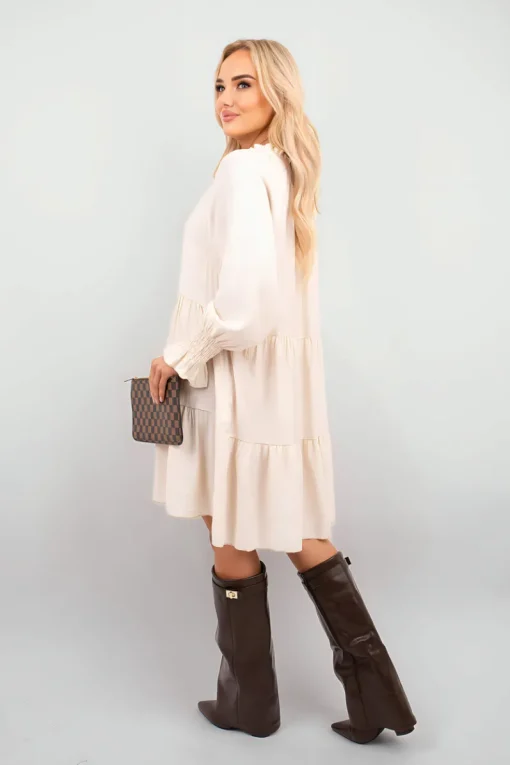 Beige Renata Long Sleeve Front Tie Tiered Mini Dress<IKRUSH Online