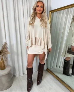 Beige Ruby V-Neck High Low Ruffle Hem Oversized Top<IKRUSH Best