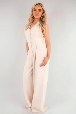 Beige Sally V-Neck Sleeveless Button Front Detail Jumpsuit<IKRUSH Outlet