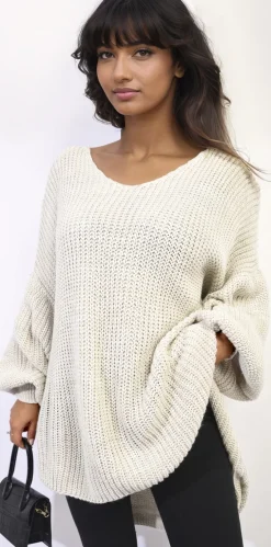 Beige Sienna Oversized Long Back Knitted Mini Dress<IKRUSH Fashion