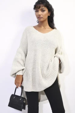 Beige Sienna Oversized Long Back Knitted Mini Dress<IKRUSH Fashion