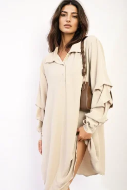 Beige Susana Ruffle Sleeve Pocket Button Front Blouse Dress<IKRUSH Best