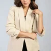 Beige Valerie Ruched Sleeve Open Front Blazer Jacket with Front Pockets<IKRUSH Clearance