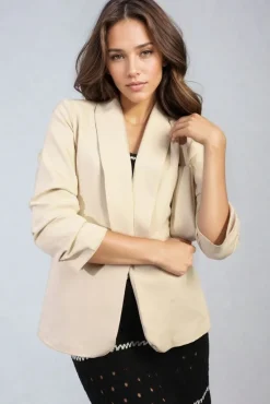 Beige Valerie Ruched Sleeve Open Front Blazer Jacket with Front Pockets<IKRUSH Clearance