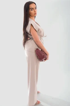 Beige Vera Belted Sleeveless Vest Top and Trouser Co-ord Set<IKRUSH Online