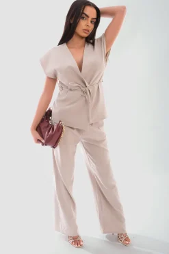 Beige Vera Belted Sleeveless Vest Top and Trouser Co-ord Set<IKRUSH Online