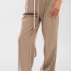 Beige Vivian Double Waist Band Drawstring Wide Leg Trousers<IKRUSH Hot
